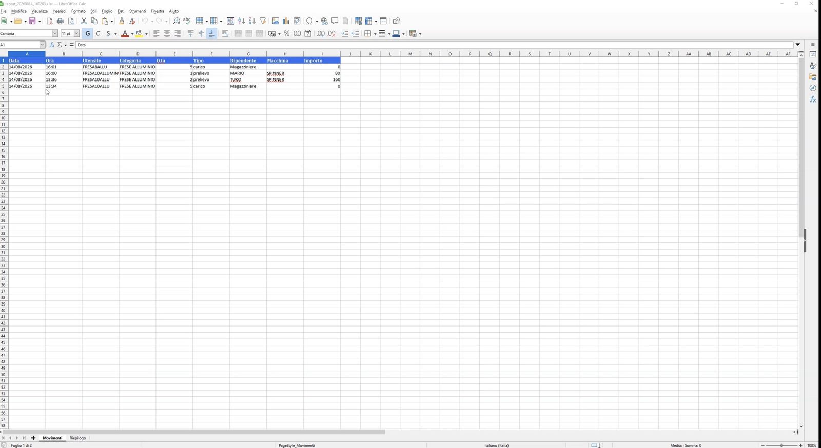 Report movimenti esportato in Excel